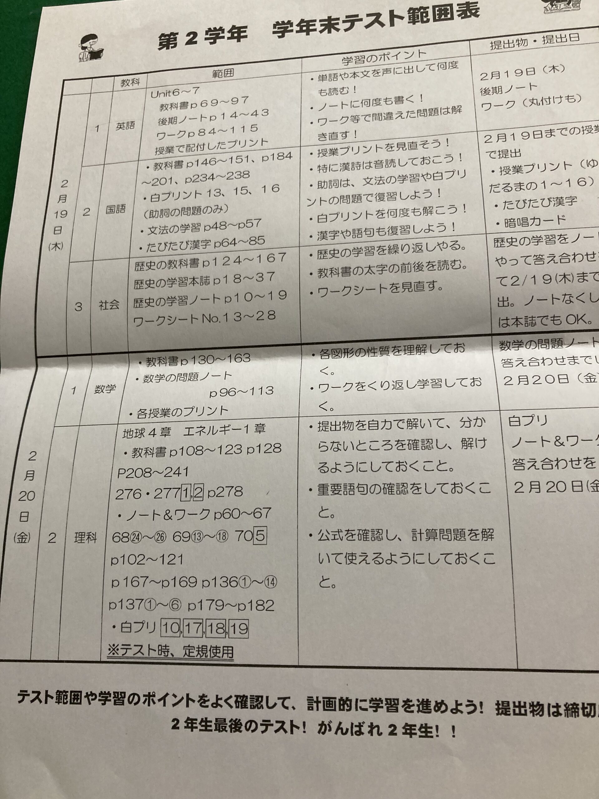 テスト範囲プリントの忘れ物